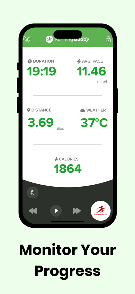 Running Workout Step Tracker - Mobile app interface showing workout duration distance average pace and calories burned for a running session
