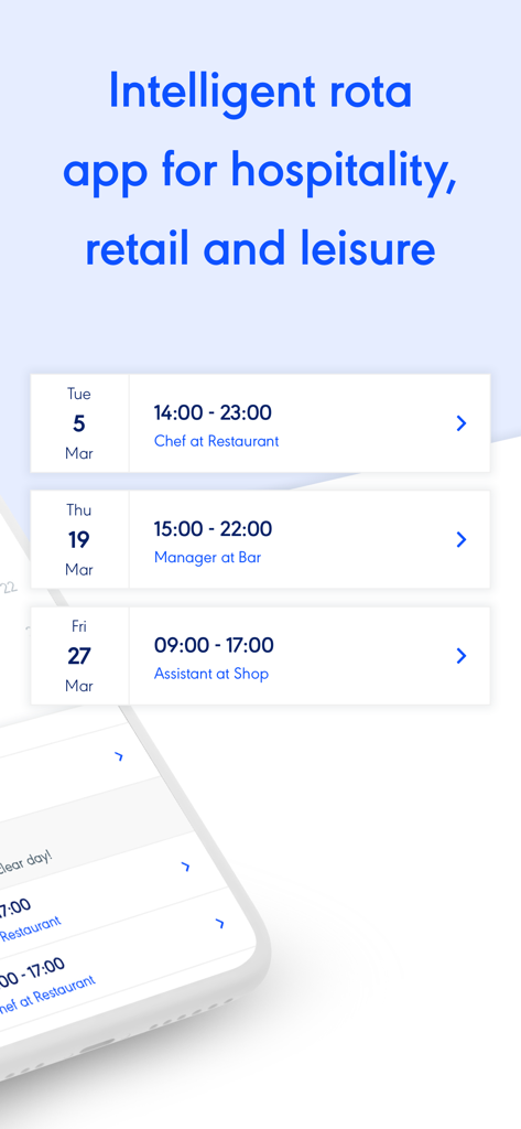 Rotaready - Rotaready app interface displaying work schedules for hospitality and retail employees