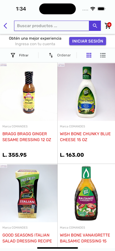 Comisariato Los Andes - Pantalla de compras de la aplicación Comisariato Los Andes mostrando aderezos para ensaladas importados con precios en Lempiras.