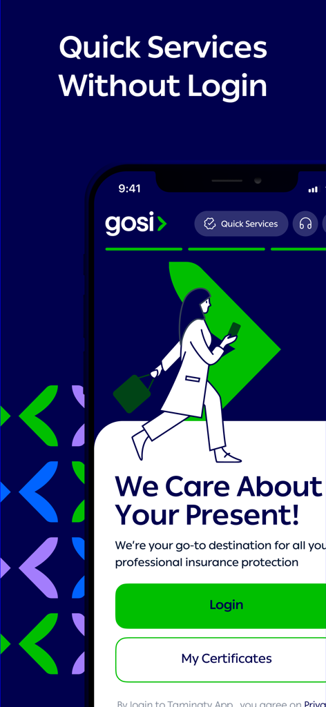 GOSI mobile app interface showing options for quick services without login and access to digital certificates