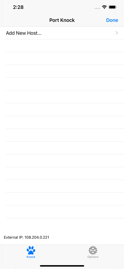 PortKnock - Main screen of the PortKnock app showing the add new host option and external IP address