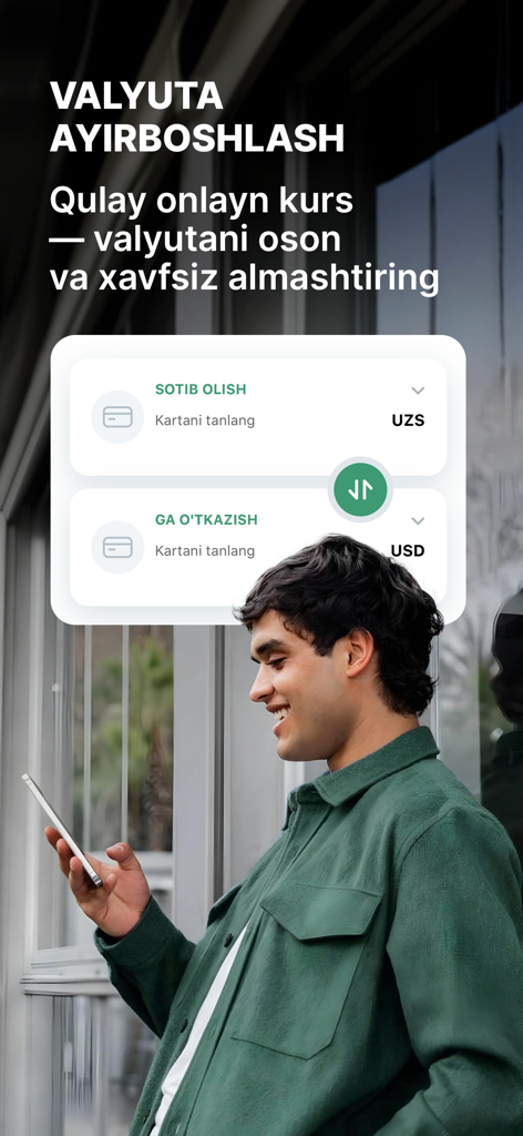 Mobile interface of Ipak Yuli app showing the online currency exchange feature between UZS and USD