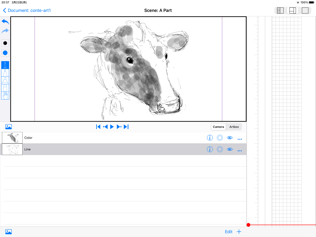 e-Conte Board - Interface of e-Conte Board app on iPad featuring a cow sketch drawing tools and vertical Japanese-style storyboard grid