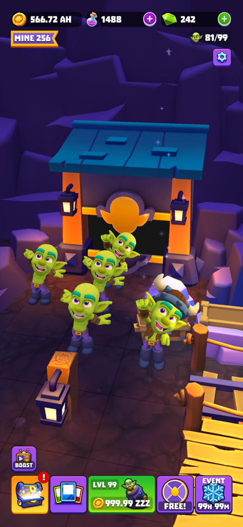 Gold and Goblins - Idle Games - A group of green goblins standing in front of a mine entrance in the Gold and Goblins mobile game interface.