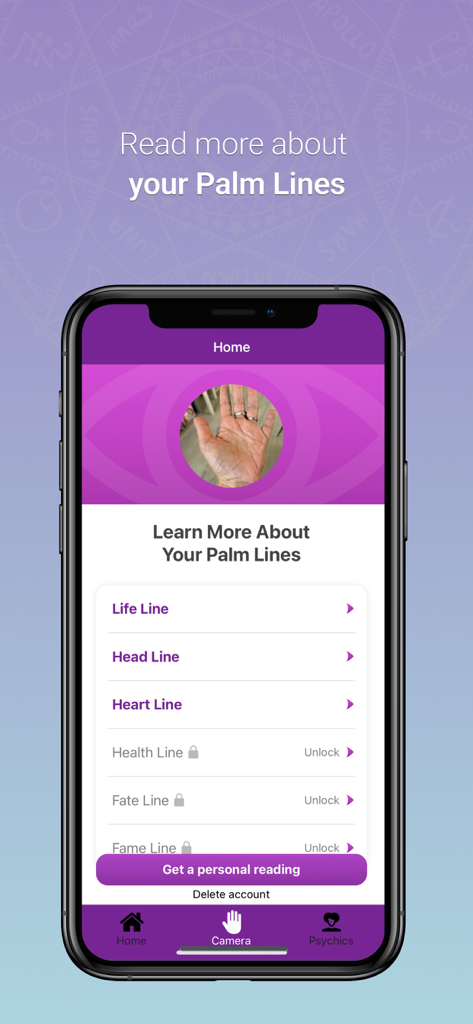 Tela inicial do aplicativo Palm Reader exibindo opções para aprender sobre as linhas da palma da vida, cabeça e coração.