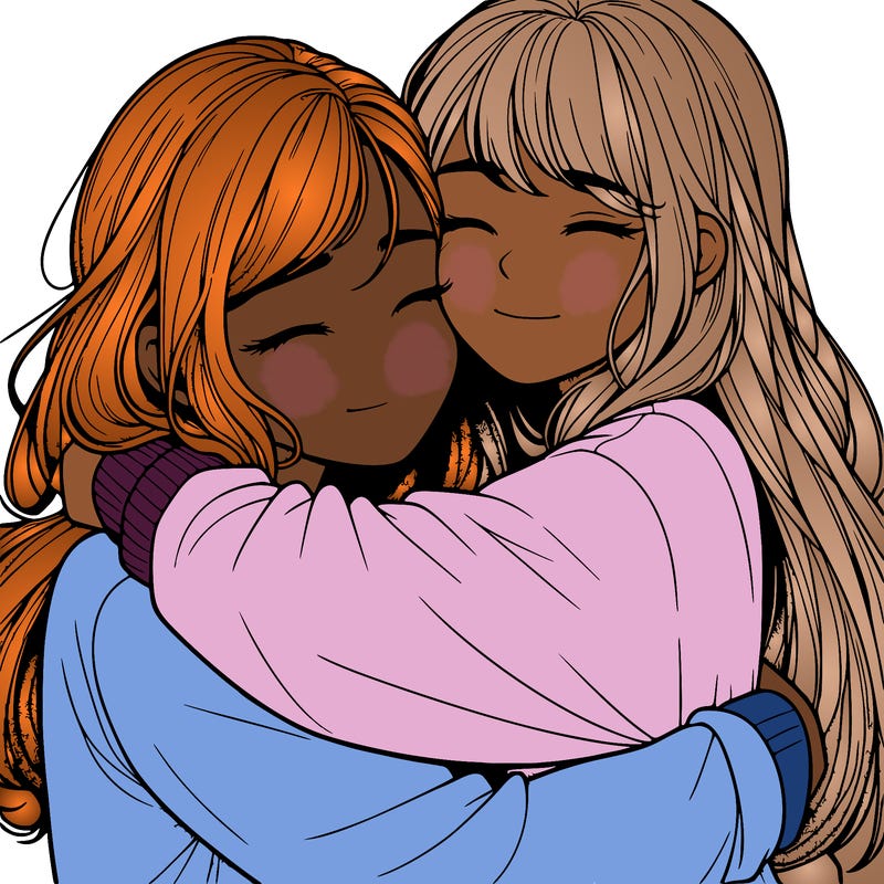 realistic two girls hugging