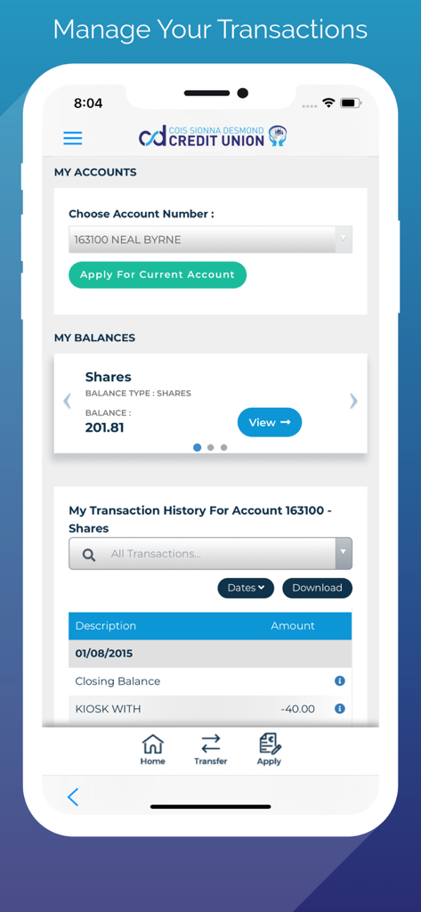 Cois Sionna Desmond CU - Cois Sionna Desmond CU app interface showing transaction history and account balances