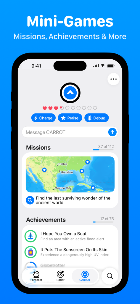 CARROT Weather app screenshot showing mini-games, missions, and achievements.