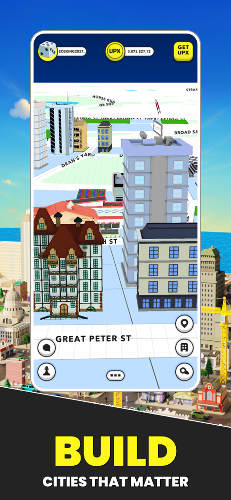 Upland: City-Builder - Upland의 게임 플레이 스크린샷으로, 건물과 실제 거리 이름이 있는 도시의 3D 지도를 보여줍니다.