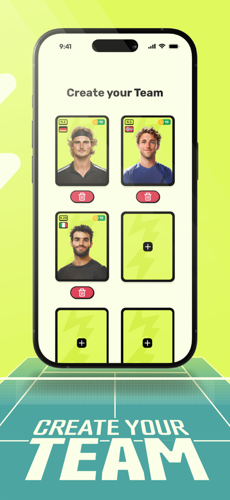 Uma tela de aplicativo móvel para criar uma equipe de tênis de fantasia mostrando uma seleção de cartões de jogador em um fundo verde