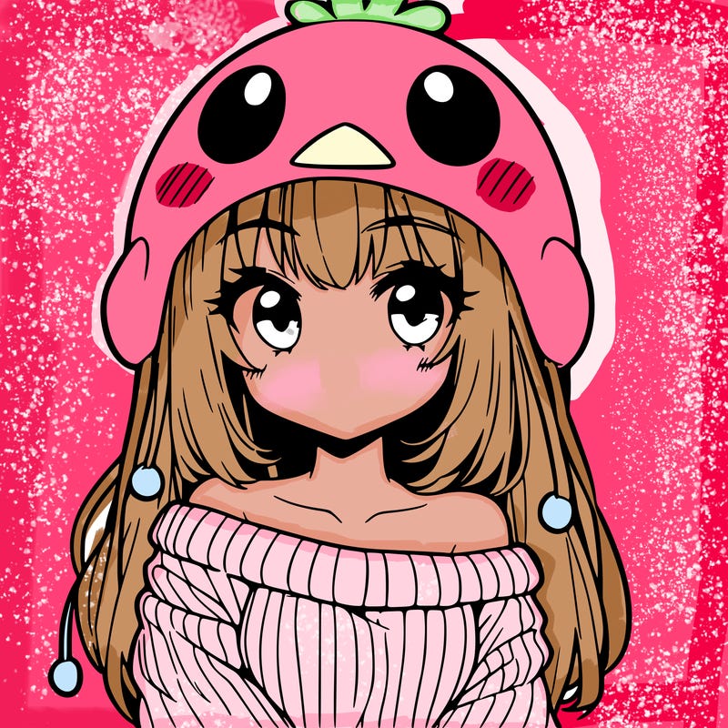 anime girl with chick shaped hat with sweater with bare shoulders with bangs covering them one eye with low tail