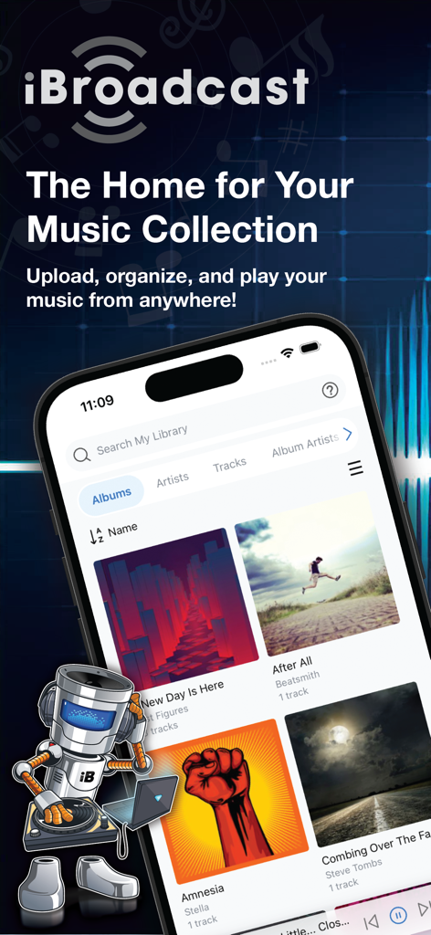 iBroadcast app screen showing an organized personal music collection with album art