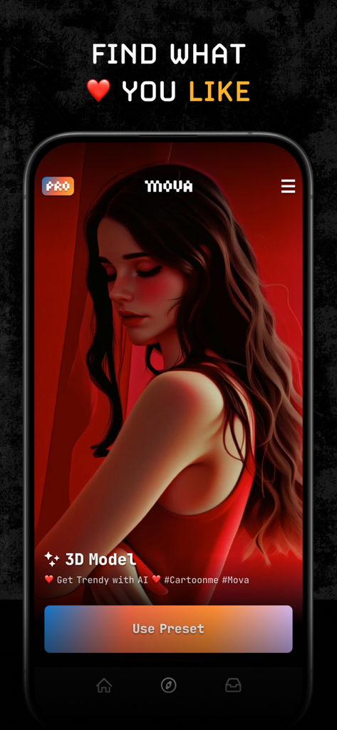 MOVA - AI Video Editor - A smartphone showing the MOVA AI app interface with a 3D model preset featuring a stylized woman in a red dress and a Use Preset button.