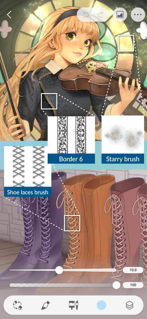 Digitale Illustration in Clip Studio Paint für iPhone, die die Verwendung von benutzerdefinierten Schnürsenkel-Rändern und Sternenpinseln zeigt.