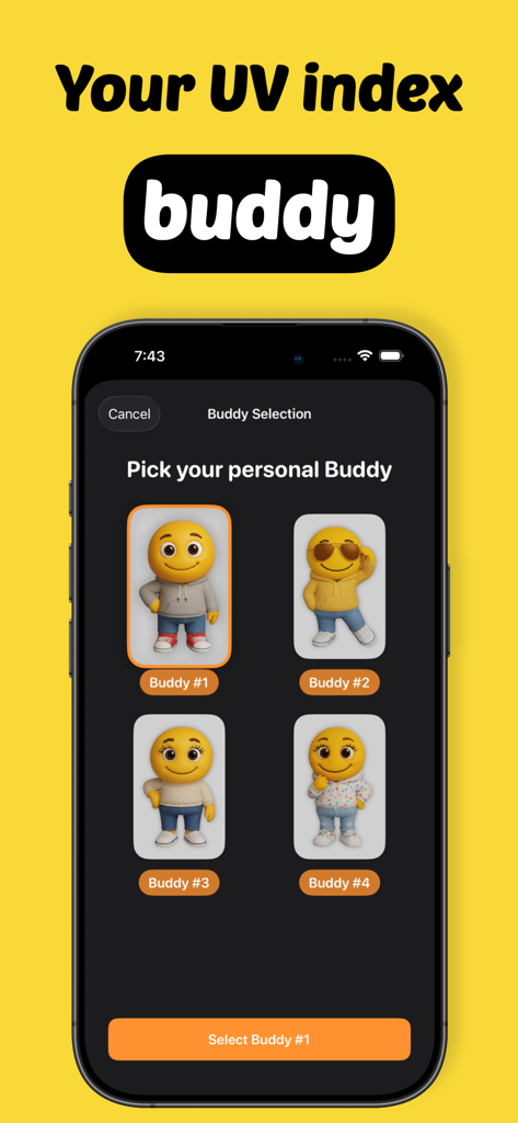 Uma tela de aplicativo móvel intitulada Escolha seu Buddy pessoal mostrando quatro personagens diferentes em estilo emoji para escolher.