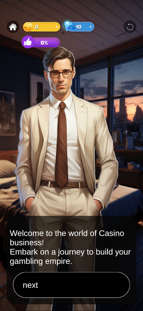 A businessman in a suit introduces the player to the casino empire in Fortune World Adventure Game.