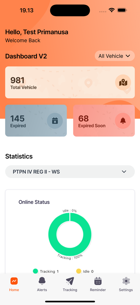 Painel do aplicativo Gtrack GPS mostrando estatísticas de veículos e status de rastreamento