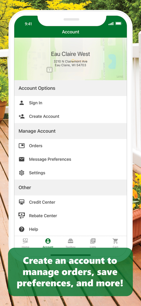 Menards® - Menards app account screen showing sign in options, order tracking, and the rebate center.