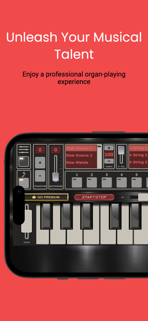 Mobile Org 2025 App-Oberfläche, die eine digitale Tastatur mit Steuerelementen für Rhythmen und Tonhöhe auf rotem Hintergrund zeigt
