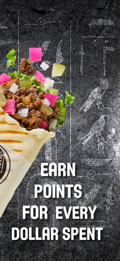 Wrap de shawarma Osmow's com ingredientes frescos e texto mencionando ganho de pontos por cada dólar gasto em um fundo de pedra com hieróglifos