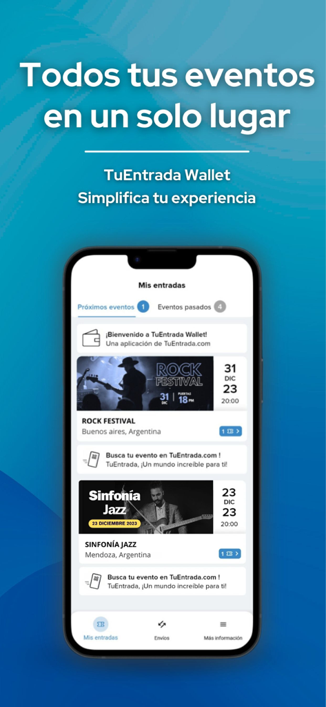 TuEntrada Wallet App-Oberfläche auf einem Smartphone mit einer Liste digitaler Tickets für bevorstehende Konzerte und Events.