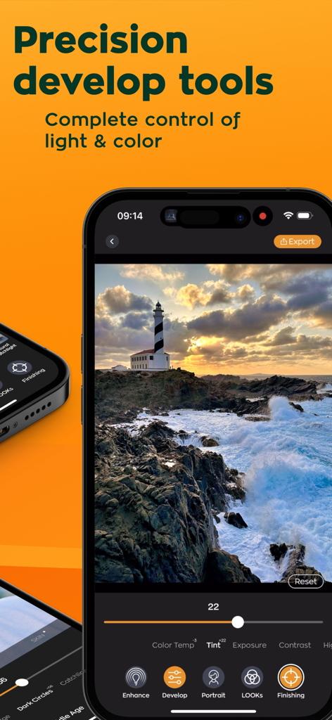 Radiant: AI Photo&Video Editor - Radiant AI Photo Editor app interface showing precision develop tools for light and color control on a landscape photograph.