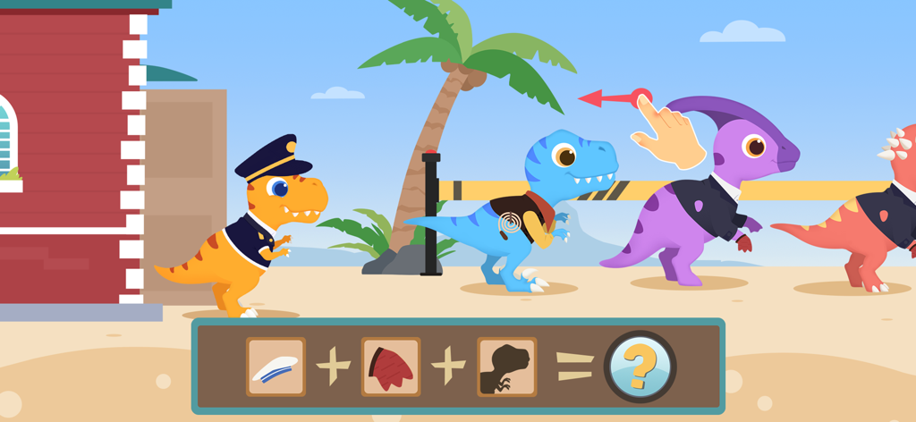 帽子や衣服の破片など、論理的な手がかりを使用して容疑者を確認する恐竜警察官。