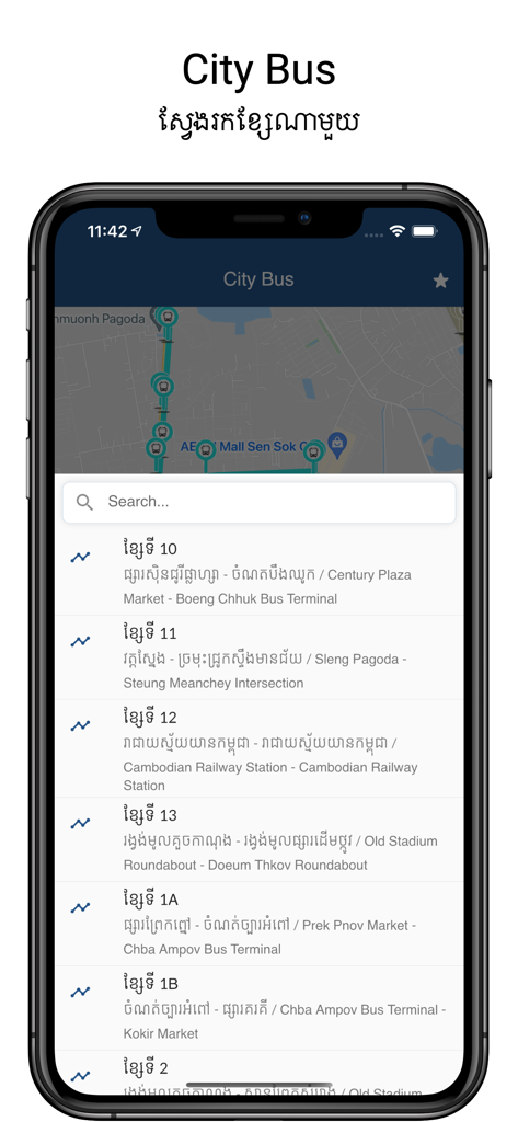 Phnom Penh City Bus Official App showing available bus routes and a map view