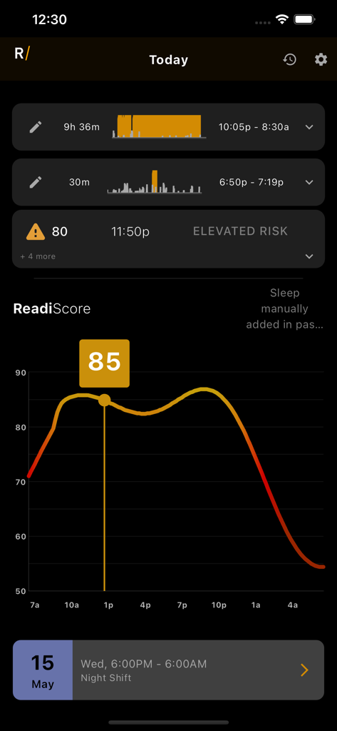ReadiOne by Fatigue Science - Painel do aplicativo ReadiOne mostrando um gráfico preditivo de ReadiScore e nível de risco de fadiga para um trabalhador em turnos.