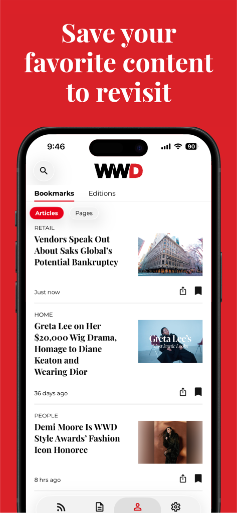 WWD: Women's Wear Daily - Smartphone screen showing the bookmarks section of the WWD app where users can save industry news articles