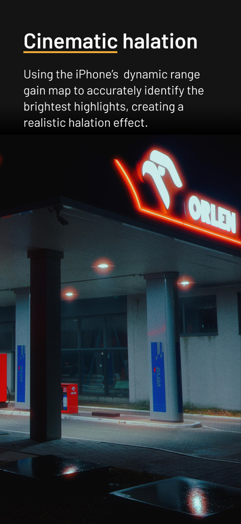 mood.camera - Cinematic halation light effect on a neon sign at night