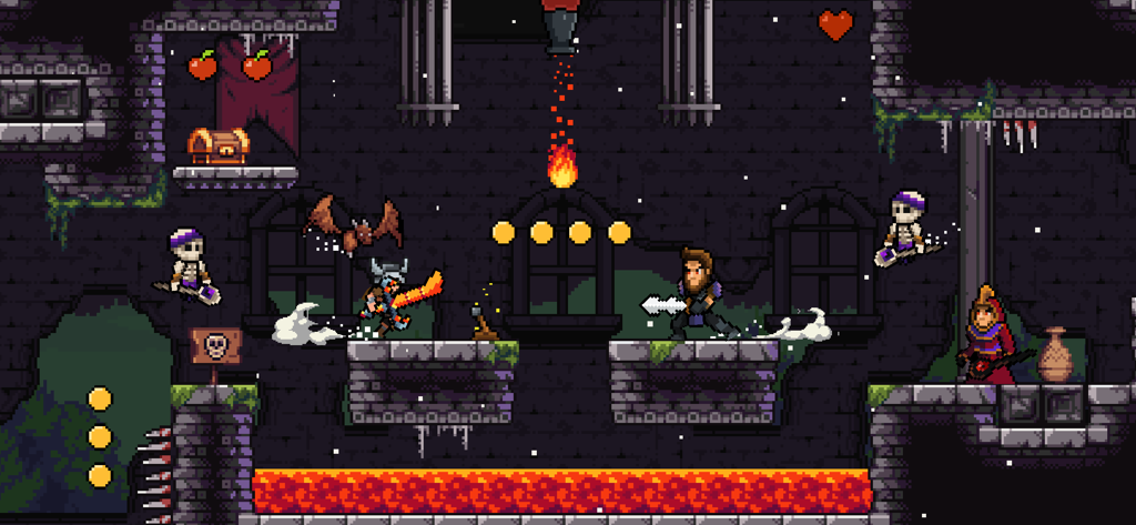Apple Knight - Apple Knight lutando contra esqueletos e magos em uma masmorra retro de pixel art