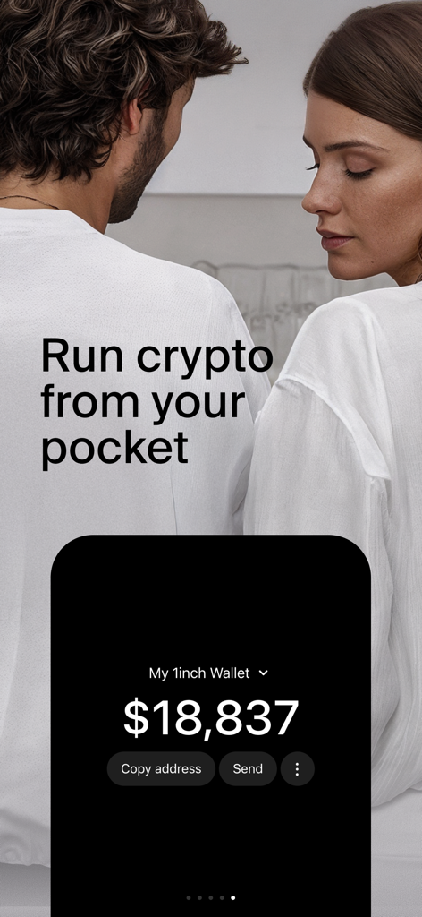 1inch: DeFi Crypto Wallet - 1inch DeFi Crypto Wallet app display showing a balance and the slogan Run crypto from your pocket