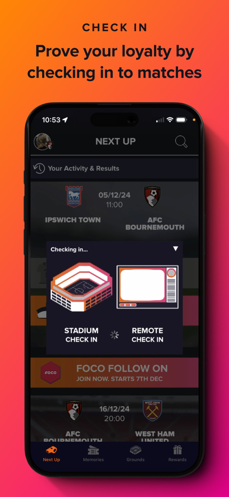 FanHub - FanHub mobile app interface showing options for stadium and remote check-in to track fan loyalty during matches.