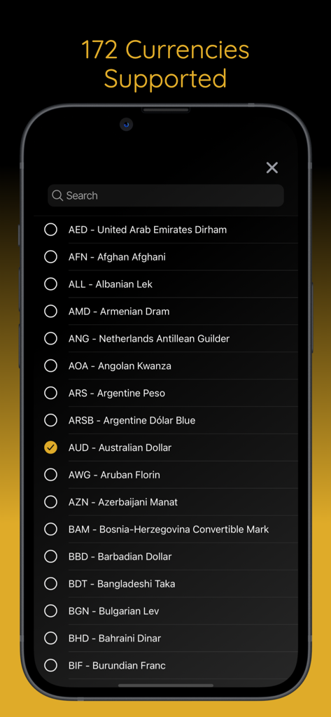Wallet of Satoshi POS - Wallet of Satoshi POSインターフェース。Bitcoin決済のためにサポートされている172のグローバル通貨のリストが表示されています。