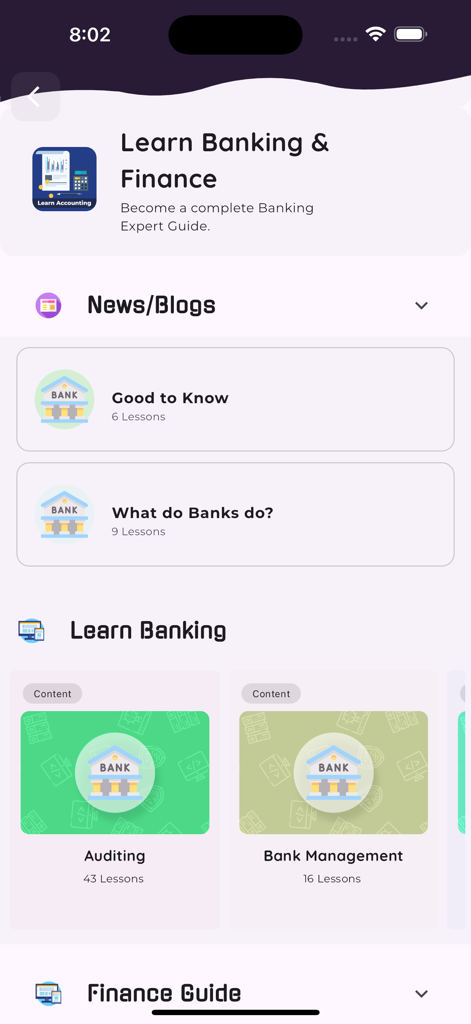 Interface of the Learn Financial Accounting PRO app showing lesson categories for banking auditing and management