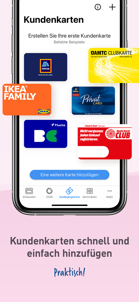 Volksbank Pay - Interface of the Volksbank Pay app showing the loyalty cards section with various digital cards like IKEA and Hofer