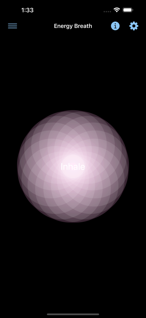 Breathe Bubble - The Breathe Bubble app interface showing a purple geometric circle with the word Inhale during an Energy Breath exercise.