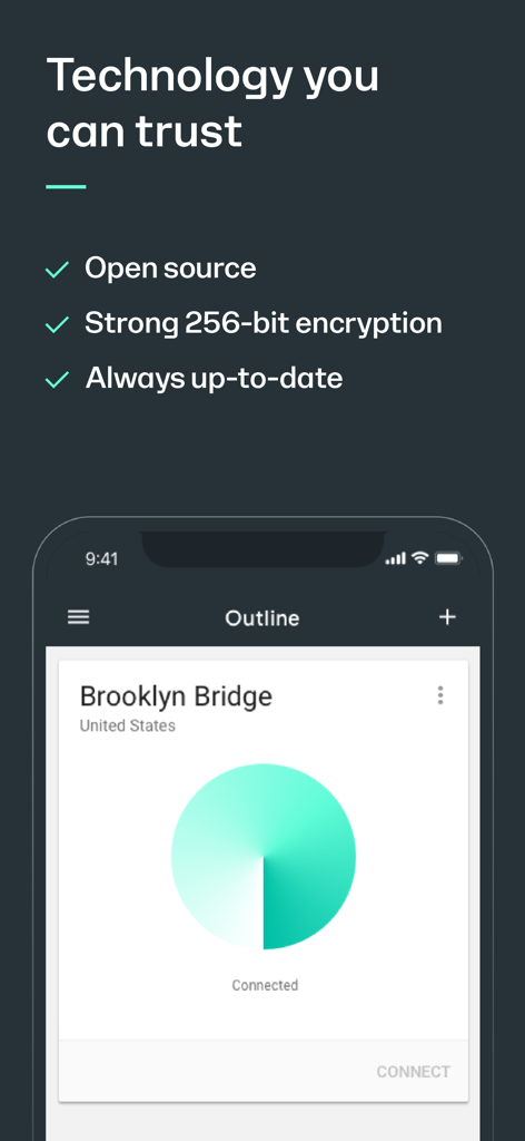 Outline app screen highlighting open source technology and strong 256-bit encryption for secure VPN connections.