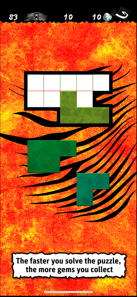 Ubongo – Puzzle Challenge - Gameplay screen of Ubongo puzzle challenge showing green geometric shapes being fitted into a grid.