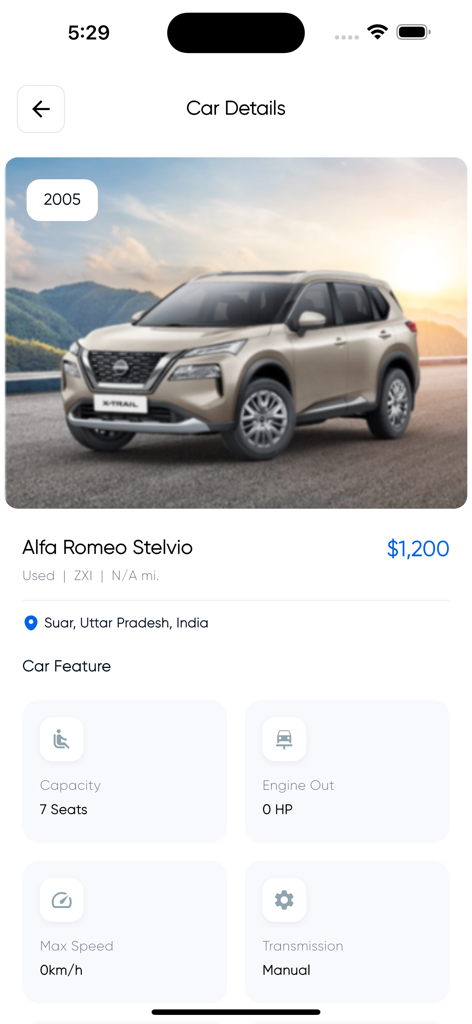 Car details screen on Arabia Cars app showing vehicle features and price