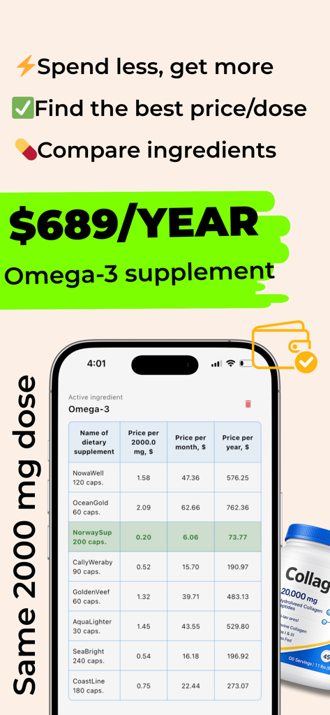 Dose Cost: Supplements - Schermata di un'app mobile che mostra una tabella comparativa dei prezzi degli integratori Omega 3 per dose, mese e anno