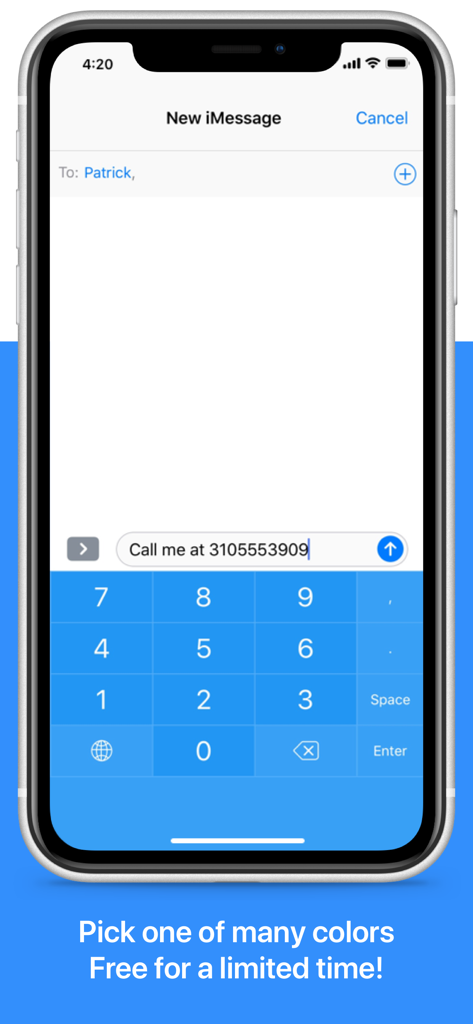 NumPad: Your Number Keyboard - An iPhone displaying a blue custom numeric keyboard being used to type a phone number in iMessage