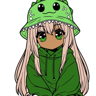 girl with anime shaped eyes with a dinosaur bucket hat oversized sweatshirt long straight hair