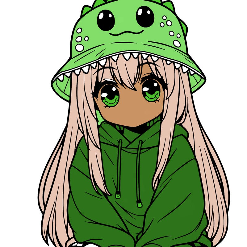 girl with anime shaped eyes with a dinosaur bucket hat oversized sweatshirt long straight hair