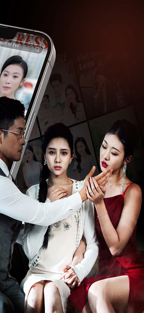 A promotional image for the HappyShort app featuring a high-tension dramatic scene with three actors and a mobile phone interface displaying short films.