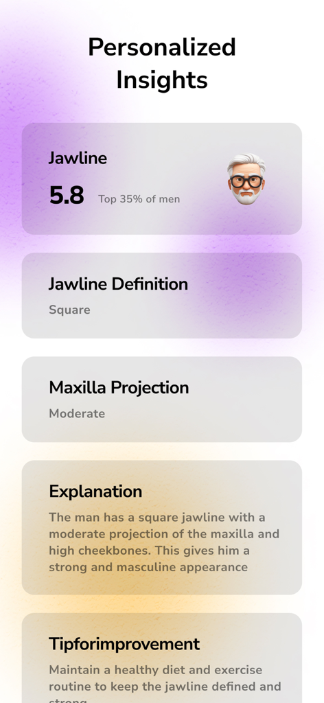 Face Rating - LooksMaxxing AI - Relatório de análise facial por IA mostrando a avaliação da linha da mandíbula e dicas de melhoria
