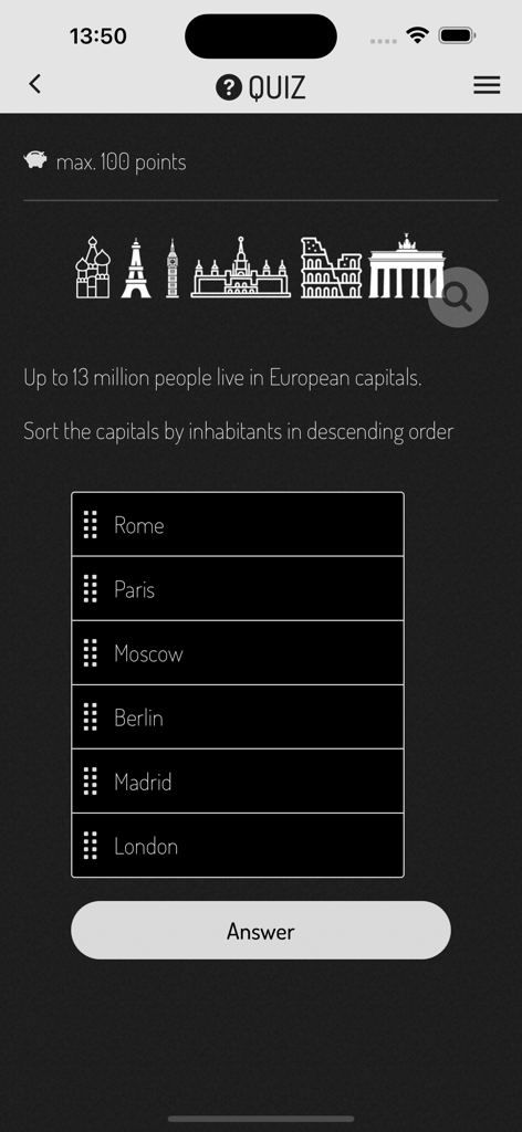 Actionbound - A quiz screen in the Actionbound app where users sort European capitals by population size.