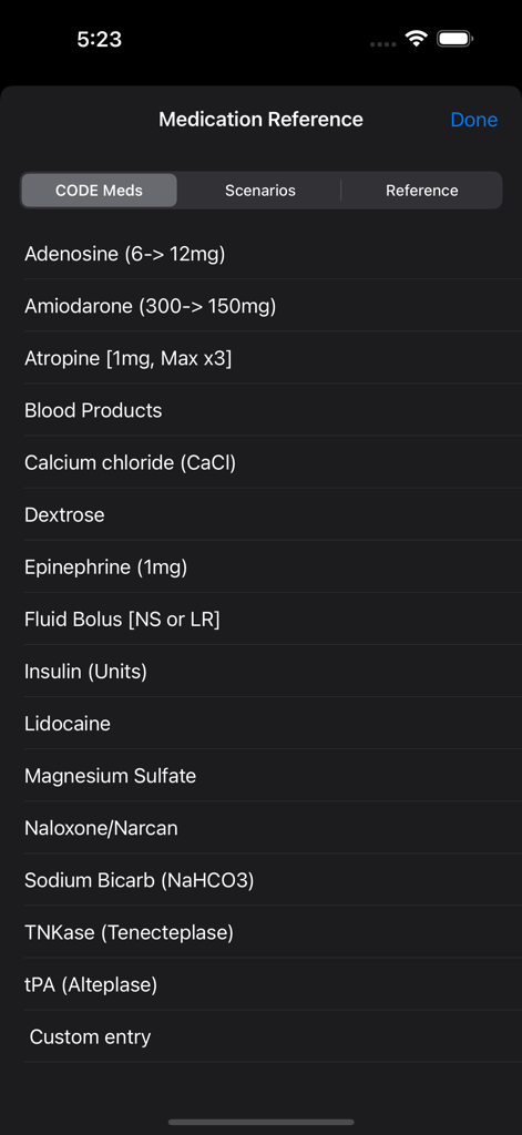 Code Timer Plus - Medication reference list in the Code Timer Plus app showing emergency drugs and dosages for ACLS training