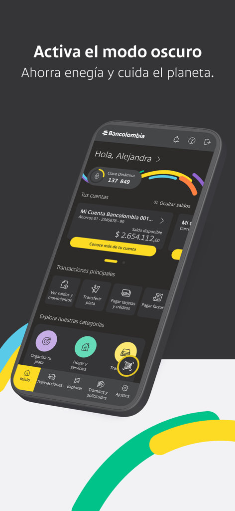 Mi Bancolombia - Interface do aplicativo Mi Bancolombia em modo escuro exibindo saldos de conta e opções de transação